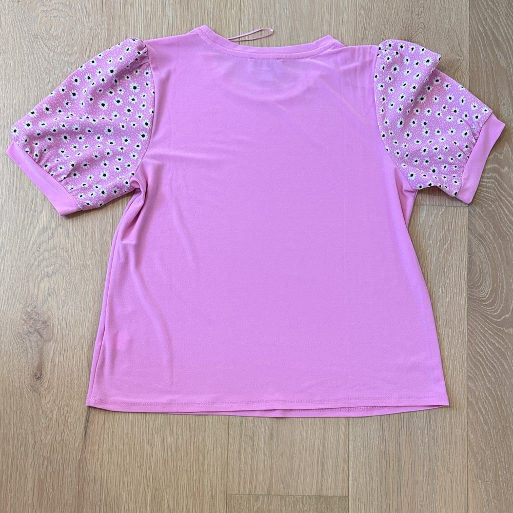 CeCe Pink Puff-Sleeve Short Sleeve Women’s Top with Daisy Print Sleeves size M - Picture 7 of 7